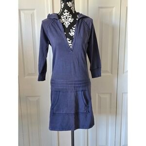 GAP 1969 Womens Navy Blue V-Neck Hooded 3/4 Sleeve French Terry Hoodie Dress M